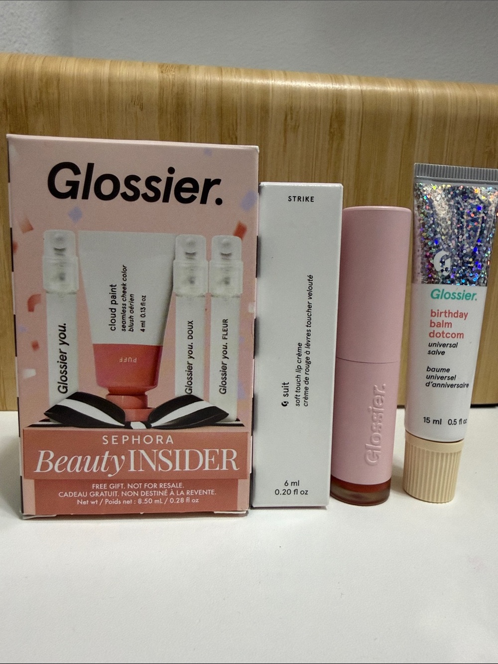 Glossier Bundle Lot Birthday Balm Suit Soft Touch Lip Crème Sephora Beauty Insid